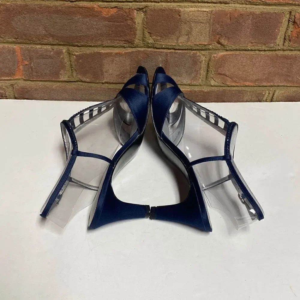 Adrianna Papell Boutique Navy Classic Satin Rhinestone Beaded Heels Size 9.5